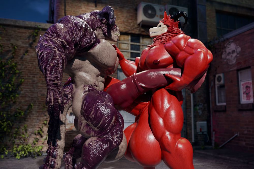 3D render of two very muscular anthro males holding each other's flaccid hyper dick, hyper balls almost touching. The deathclaw on the left (Vleischak) has a knotted horsecock while the skull demon on the right (Chronoir) has a humanoid penis and is holding up Vleischak's dick with one hand, the other on his chest.