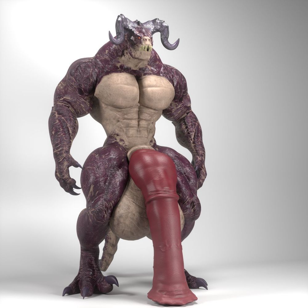 3D render of a muscular anthro deathclaw standing with hyper balls and a hyper equine dick reaching to the floor.
#nsfw #solo #scalie #deathclaw #vleischak #muscle #hyper