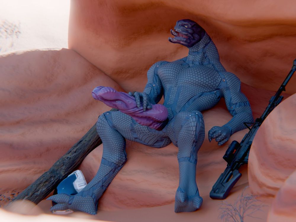 3D render of a sangheili (Garrot) in a tight bodysuit sitting in the shade of some desert rocks, helmet and sniper rifle on either side, hand laying on top of his erect hyper dick