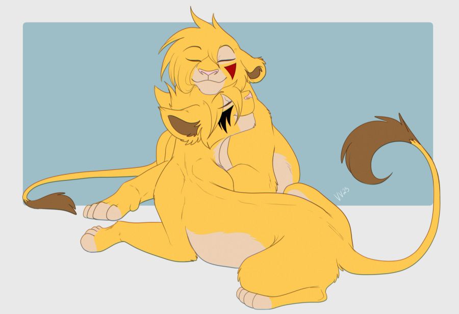 Two lionesses with yellow fur and brown-tipped tails cuddling affectionately against a light blue background