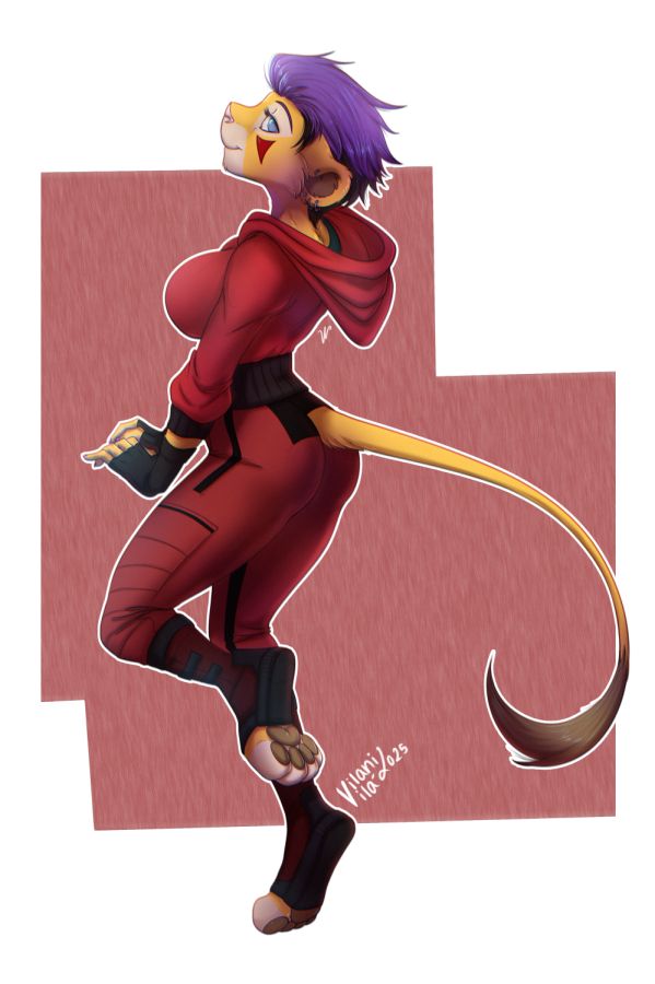 Anthro lioness with purple hair wearing a red suit with black highlights inspired in "Casa de Papel" TVseries.