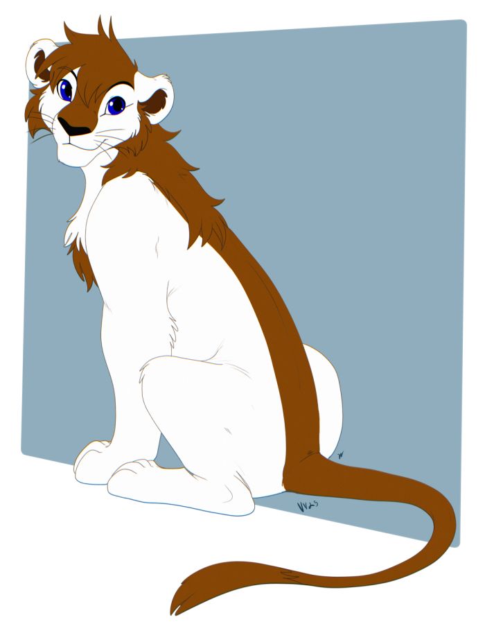 lion with white fur and brown mane sitting, looking back. he has blue eyes and a brown stripe running down his back and tail. 