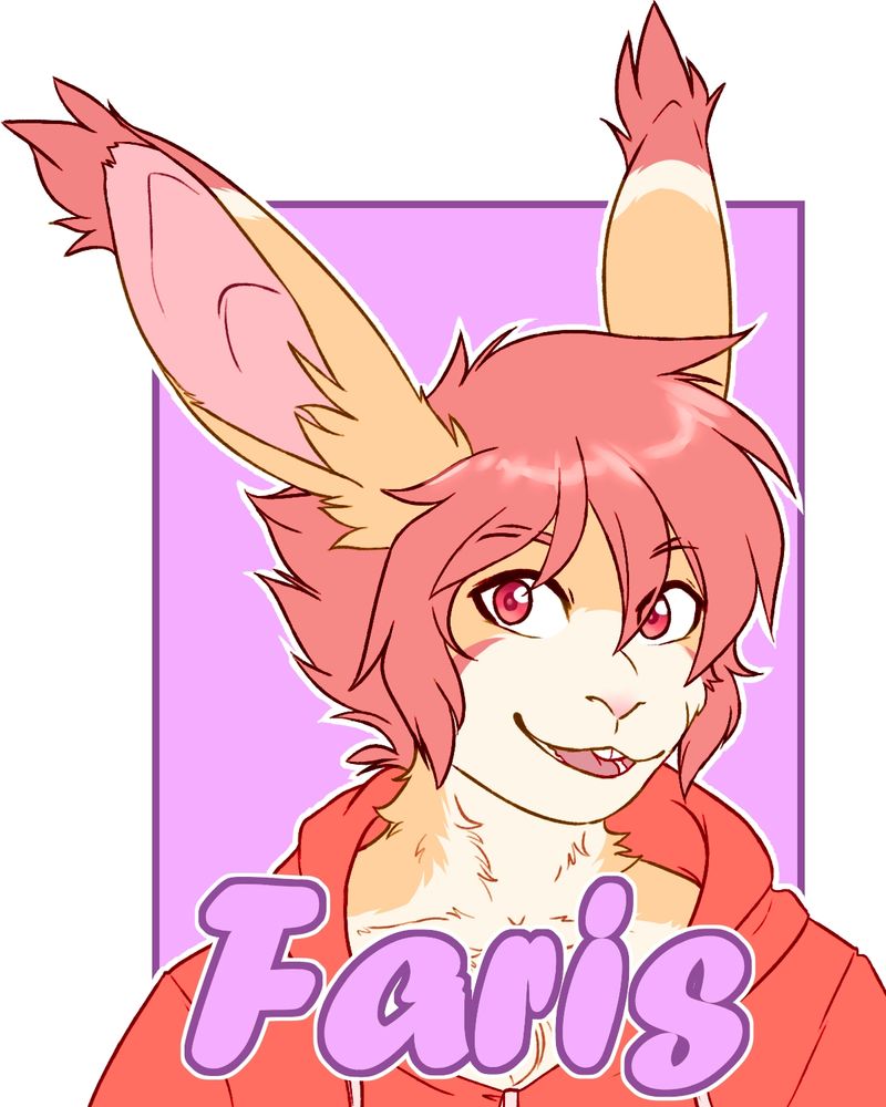 A furry badge of an orange and peach-colored bunny. The name says "Faris".