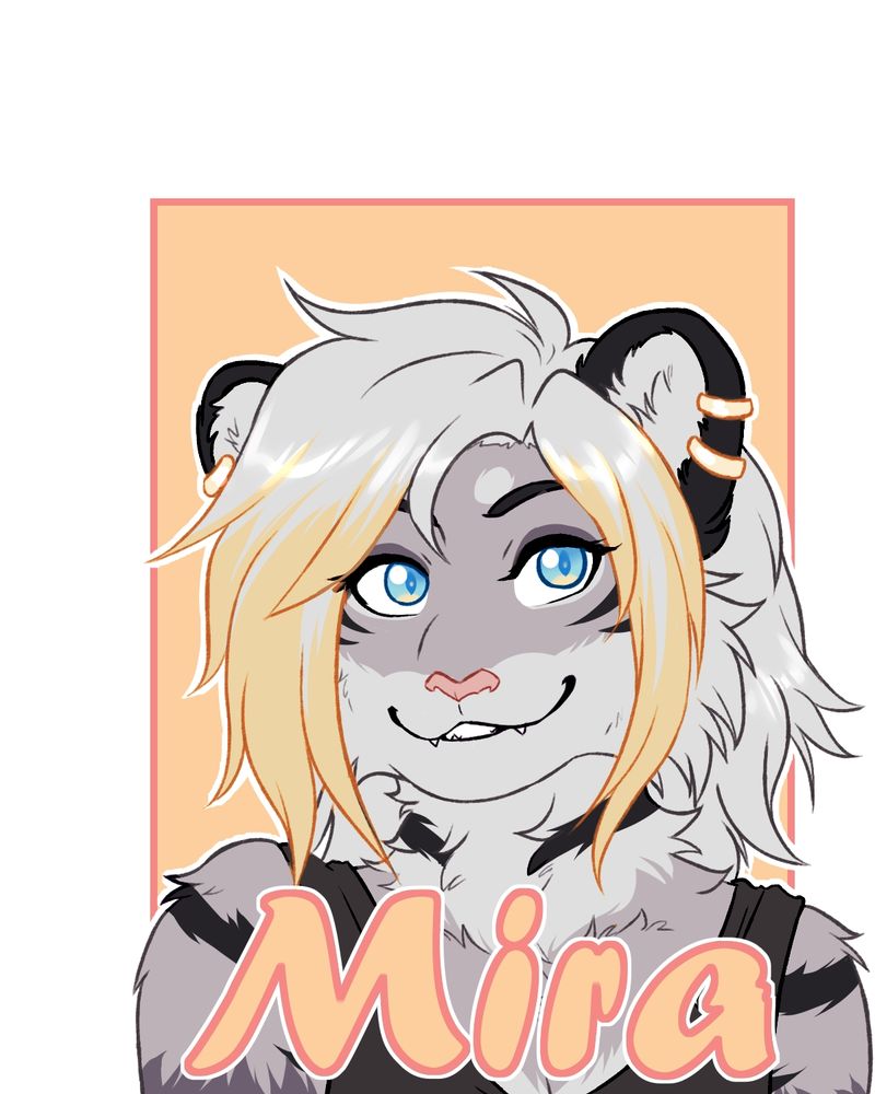 A furry con badge of a grey, white and gold-colored tiger. The name says "Mira".