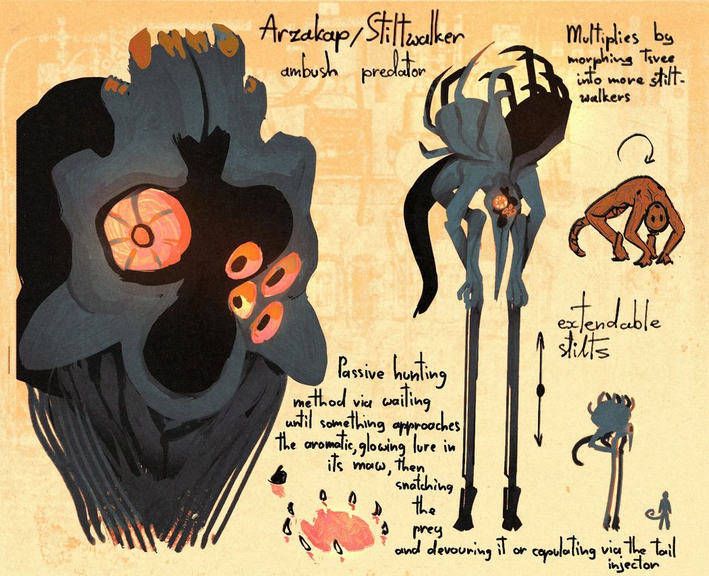Arzakap (in tsveenese), with the closest translation being "the stiltwalker". Each stiltwalker has been a tsvee at some point, but got captured by another stiltwalker and biomechanically transformed into another walker (probably feels amazing up to the point where your rib cage bursts open and bones star elongating).
It hunts passively via waiting in an opportune place for an otherblood, tsvee or any other life form - biomechanical or not - pass by its maw, after which the arzakap quickly closes its mouth and devours the poor sob. If the unlucky tsvee happens to be its victim, the arzakap may choose to jam its injector up the victim's body and start pumping them full or evil alien salsa, which, after some months inside the stiltwalker, will make a tsvee into a juvenile walker as well. 
Walkers have a bad habit to infest the outskirts of tsvee cities, and if tsvee do not hunt the walkers down, traversing any kind of winding corridors or lakes becomes a risk.
Some arzakaps are domesticated and repurposed as beasts of burden after clipping their injectors and attaching metabolic organisms to their stomachs, effectively freeing up the maw entirely and making it safe for transporting wares or even tsvee.