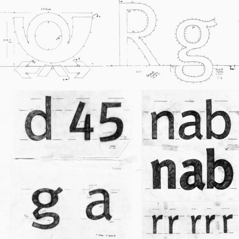 Black-and-white sketches of typeface designs showing letters, numbers, and symbols with construction lines, measurements, and annotations for typography development; including a post horn, symbol of the German Federal Post Office