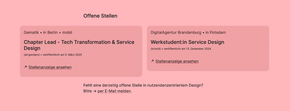 Partial screenshot of a website displaying open design positions – a chapter lead service design role in Berlin and a working student service design position in Potsdam