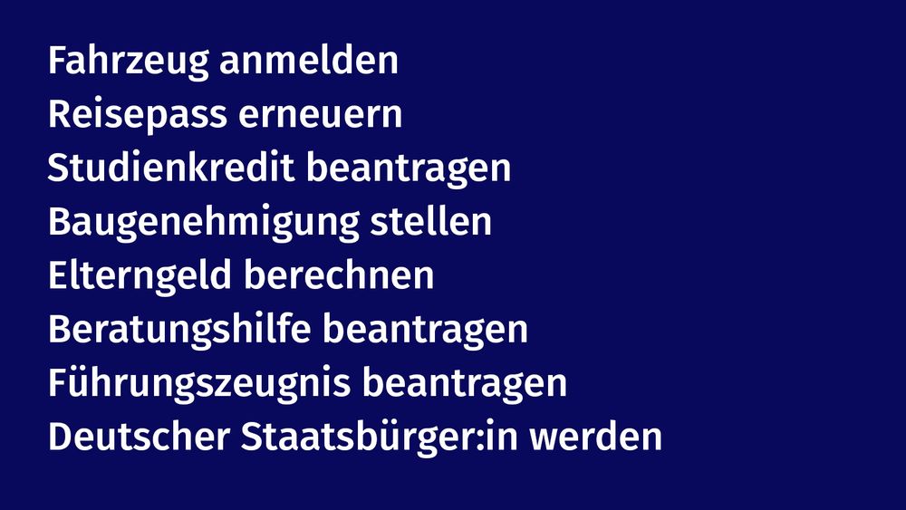 Government services listed: Register a vehicle, Renew your passport, Apply for a student loan, Apply for a building permit, Calculate parental allowance, Apply for legal aid, Receive a police record, Become a German citizen