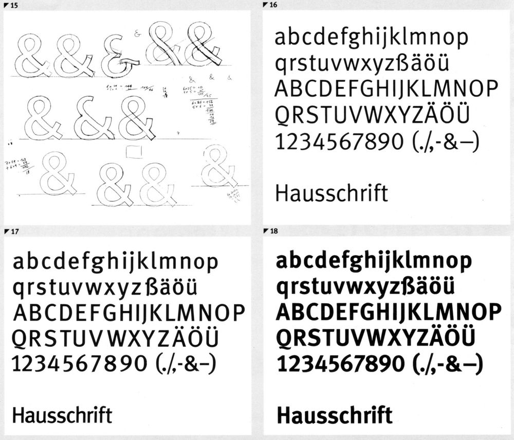 Four panels showing design sketches and variations of the ampersand symbol and Hausschrift typeface in different weights and styles, including lowercase, uppercase, numbers, and special characters.