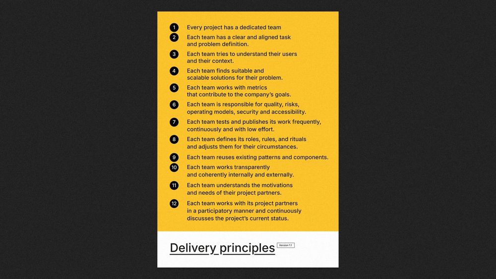 Delivery principles — Version 1.1

1 .Every project has a dedicated team

2. Each team has a clear and aligned task and problem definition.

3. Each team tries to understand their users and their context.

4. Each team finds suitable and scalable solutions for their problem.

5. Each team works with metrics that contribute to the company’s goals.

6. Each team is responsible for quality, risks, operating models, security and accessibility.

7. Each team tests and publishes its work frequently, continuously and with low effort.

8. Each team defines its roles, rules, and rituals and adjusts them for their circumstances.

9. Each team reuses existing patterns and components.

10. Each team works transparently and coherently internally and externally.

11. Each team understands the motivations and needs of their project partners.

12. Each team works with its project partners in a participatory manner and continuously discusses the project’s current status.