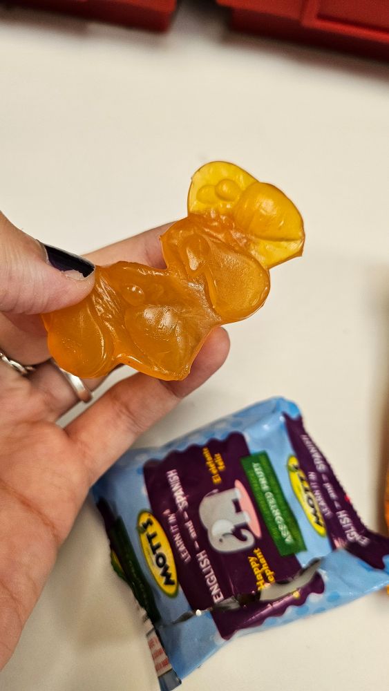 Four orange fruit snacks that have not been cut out of the sheet. They are being held up by a hand in front of the motts fruit snack packaging they were removed from.