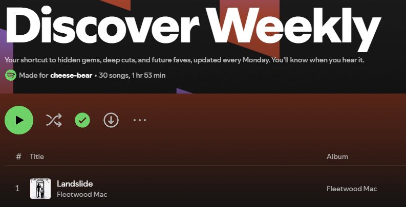 A screenshot of spotify's discover weekly playlist subtitled 'your shortcut to hidden gems, deep cuts, and future faves' - the first song on the playlist is Landslide by Fleetwood Mac