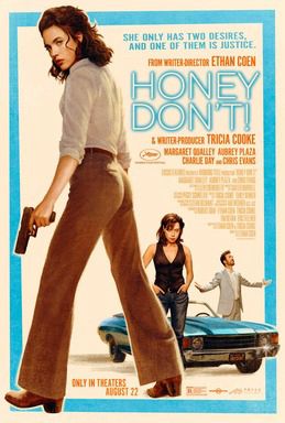 Theatrical poster for Honey Don’t, featuring images of Margaret Qualley, Aubrey Plaza and Chris Evans.