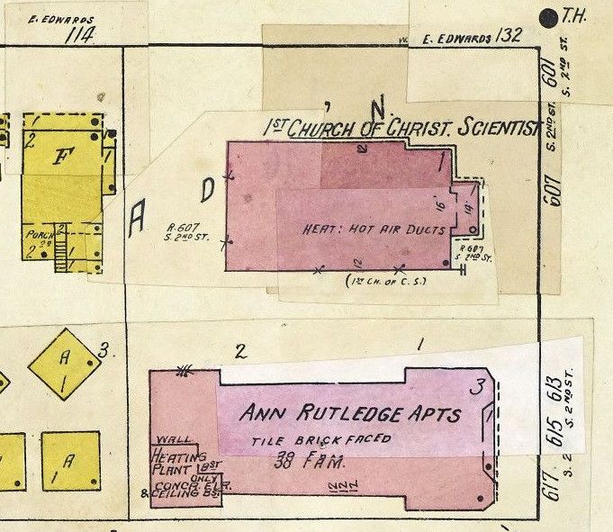 Scan of old fire insurance map, showing vaguely bone-shaped pink 3-story building at 613, 615, 617 S. 2nd St. Labeled ANN RUTLEDGE APTS.