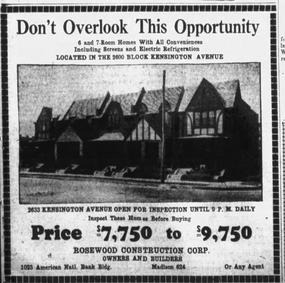 Ad titled Don't Overlook This Opportunity.  6 and 7-Room Homes With All Conveniences Including Screens and Electric Refrigeration. Located in the 2600 Block Kensington Avenue. Photo of a handsome row of connected brick houses with varied facade and roof line, featuring half-timbering, apparent slate tile roof.