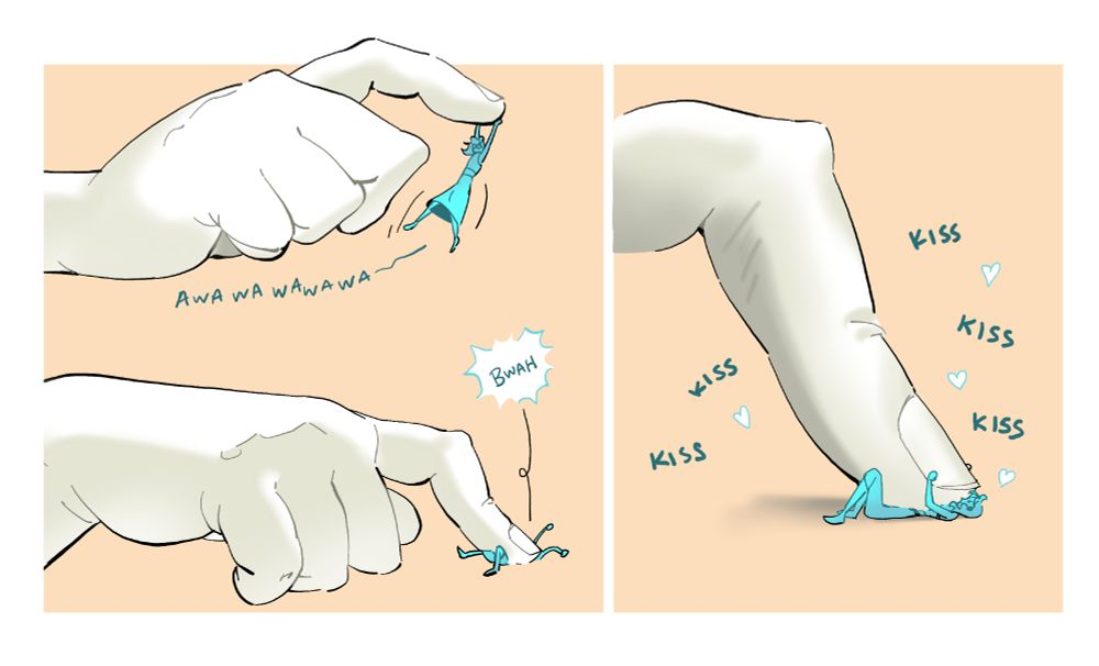 sequential drawing of a large hand and brin (@bathynalia), who is the size of a digit. brin holds on with an "awawa—" as the finge raises her up, and then goes "BWAH" when the finger squishes her down. brin kisses the huge finger—perhaps she's even shrunk a little further in her excitement.