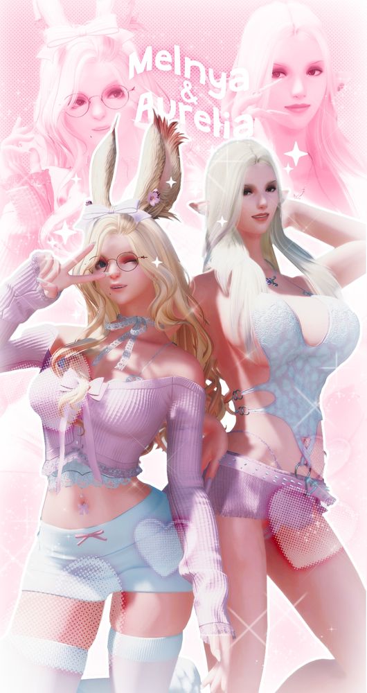 aurelia and melnya posing for the camera against a pink and sparkly background, with halftone hearts, and pink portraits of them in the back