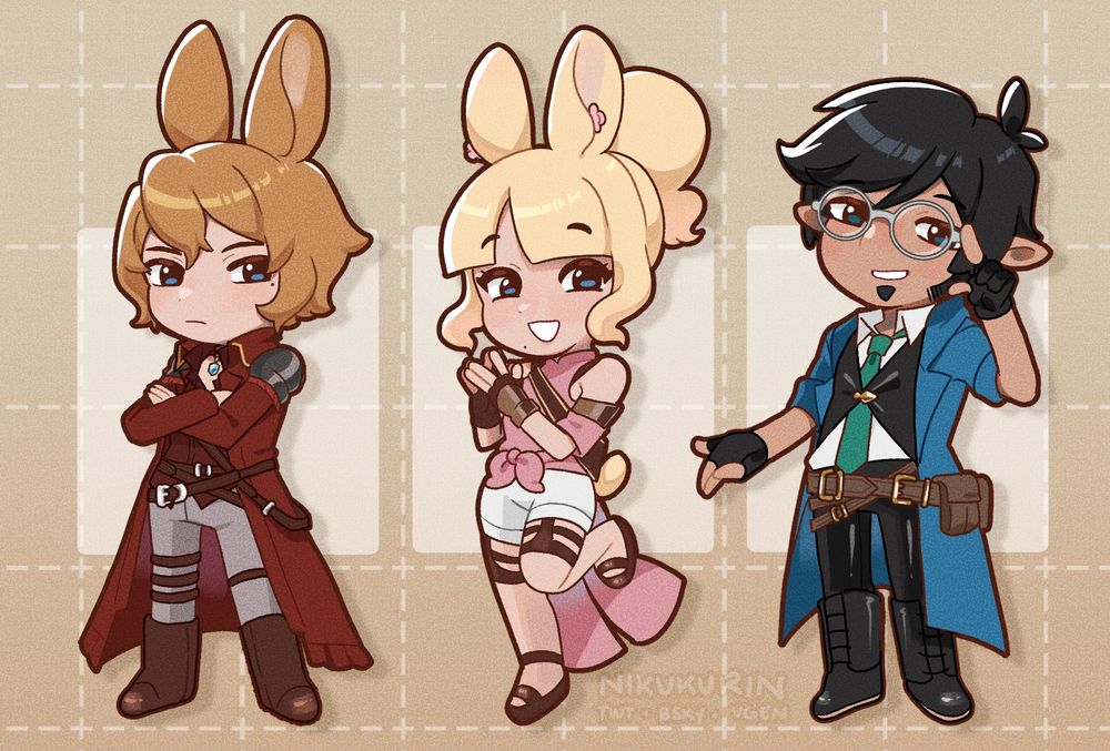 three chibis of a a female and male viera, and a male elezen