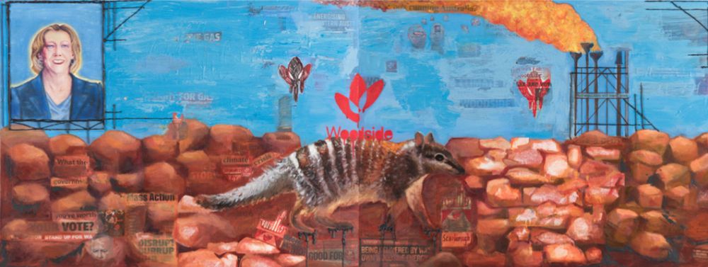 Painting of Murujuga rock art site on the Burrup Peninsula. A portrait of Meg O’Neill is featured top left. The toxic Woodside gas flare towers are featured on the top right. The red Woodside logo as spray painted on an artwork is featured in the middle above Western Australia’s fauna symbol, the numbat is featured in closer shot on the middle. Text and collage are positioned throughout. 