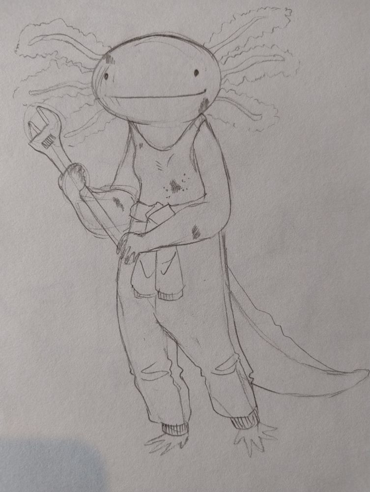 A rough pencil sketch of an anthro axolotl girl. She has a big round nearly featureless head, with axolotl fronds coming out the sides and is smiling gently. She's stood on two legs, holding an oversized wrench. She's wearing a tank top and a boilersuit with the top half tied around her waist. Across her face, torso, hands and arms are occasional smears of grease.