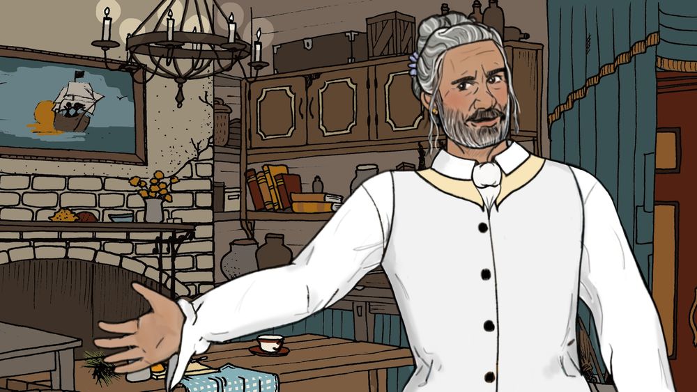 A frame from YOFT: Ed, in the kitchen, gesticulating while he tells Stede he's more of a "front-of-the-house kind of guy"