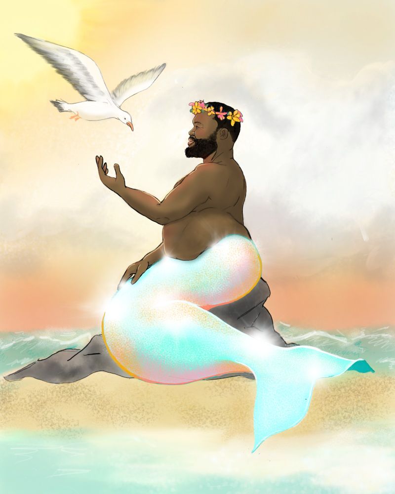 Digital drawing of Oluwande from Our Flag Means Death as a merperson. He's sitting casually on a rock by the seaside, talking to a seagull. His tail is iridescent and seems to glow in the sunlight.