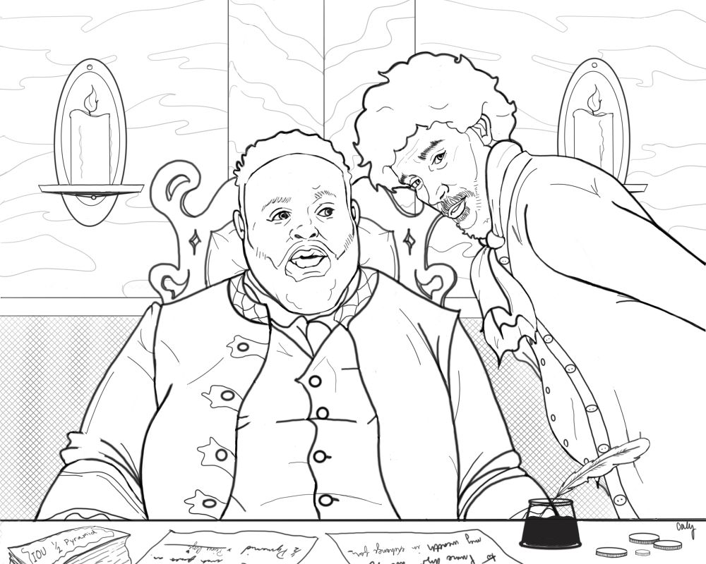 A linework drawing of Olu and Frenchie, posing as Prince Azi and his viceroy. Olu sits behind a desk in an ornate chair. Frenchie stands to his side, leaning down to whisper in Olu's ear. There are several items on the desk, including a quill and inkpot, a stack of IOUs for "1/2 a Pyramid," some coins, and a contract signed by Prince Azi.
