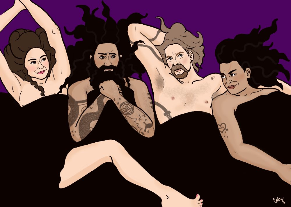 A digital cartoon of Anne Bonny, Ed Teach, Calico Jack, and Mary Read from Our Flag Means Death, a bit younger than they are in the show. They are lying side by side, clearly naked but covered by a shared blanket, their limbs tangled. Anne and Mary are making eyes at each other from opposite ends of the drawing. Ed is looking at Jack, and Jack is preening, looking at the viewer.