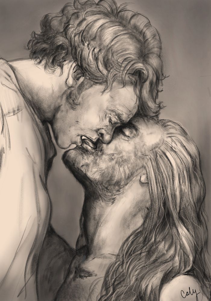A digital drawing of Ed and Stede kissing. Stede is above Ed, leaning over him so their faces touch. His hair is tousled, his eyes are closed, and his mouth is open. He's wearing a nightgown because I like the idea of Stede in a nightgown. Ed is below him, his face tilted up, his eyes closed, his shoulders back (perhaps his hands are tied behind his back? Or maybe he's supporting himself while Stede rides him? Who's to say?). He's "licking into Stede's mouth" as they say in the fics.