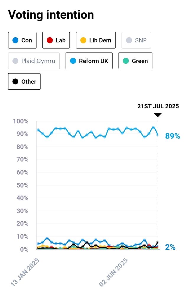 Voting intention on YouGov for people who voted Reform in 2024. There's a sharp rise to 5% for "Other" this week. All other parties are around 1-3%, Reform dropped from 95% to 89% since last week.