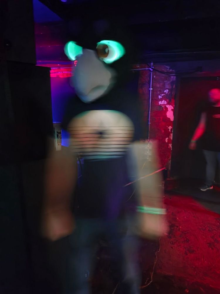 A blurry person wearing a giant bird head with glowsticks in his eyes