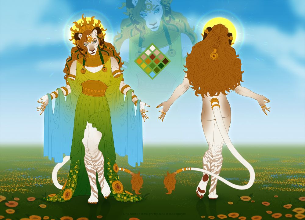 Fullbody digital reference of a custom character design of the male furry lion deity inspired by the summer season. The front view shows him in a flowing green and gold robe with sunflower details, adorned with golden jewelry and a radiant sun halo. The back view reveals his long, wavy auburn hair, lion tail, and intricate markings. The background is a bright blue sky with a warm field of flowers, evoking sunlight, warmth, and divinity. Artwork by fantasy and furry artist Road Abelgeym.