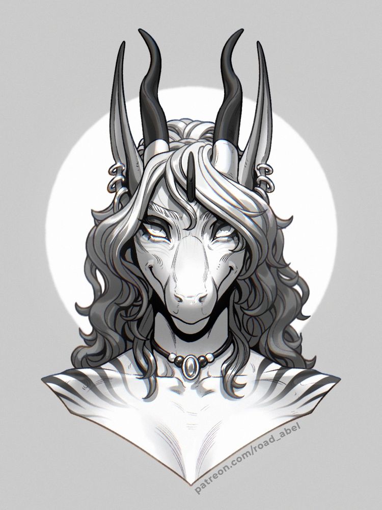 A dragon-like anthro female with long curly light hair, horns, and jewelry, smiling with a mysterious gaze.