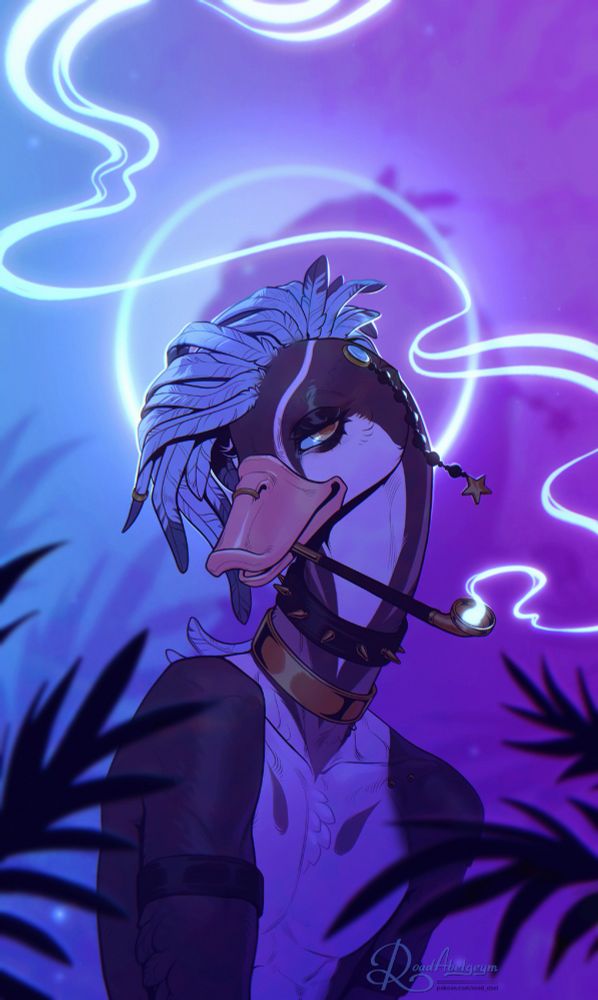 Digital portrait of the duck furry boy on neon light with a smoking pipe