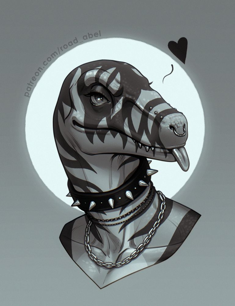 Black-and-white digital headshot portrait of a punk-inspired furry dinosaur (velociraptor). She wears a spiked collar and chains, with piercings on her nose. His tongue sticks out playfully, paired with a sly, confident smirk.  Drawing by fantasy and furry & human artist Road Abelgeym.
