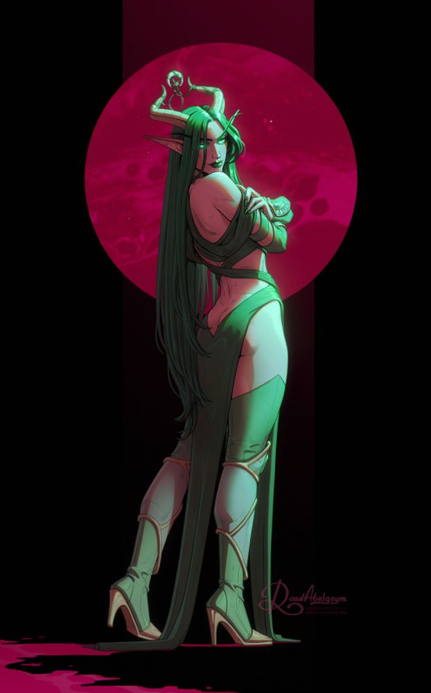 Digital fantasy pinup artwork of a seductive female night elf girl & green dragon with long green hair, horns, and glowing green eyes. She looks back over her shoulder with a confident, dangerous expression. She wears a revealing outfit with high heels, framed by a large glowing pink-red moon. She stands with her back to the viewer. She has a beautiful and toned butt. The atmosphere is dark, mystical, and alluring. Drawing by fantasy and furry & human artist Road Abelgeym.
