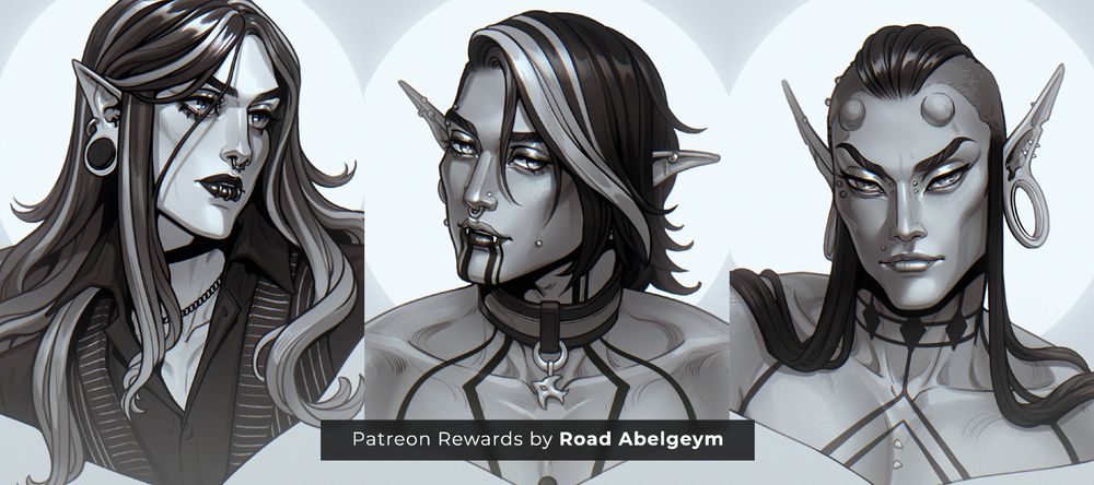 A grayscale bust of an elegant male elf with long wavy hair and stretched ears with large plugs. He wears a collared shirt and a striped vest, giving him a refined, slightly gothic look. His expression is calm and thoughtful, with heavy eyelids and soft shadows defining his face. A pale circular glow frames him from behind.

A bw portrait of a stylized male elf with a dual-tone hairstyle and several facial piercings. He has a septum ring, lip piercings and earrings, along with a dark choker featuring a  charm. His expression is cool and self-assured. A soft circular light forms the background.

A bw headshot portrait of a sharp-featured male elf with long dark hair, shaved sides, large ear plugs and small horn-like bumps on his forehead. His expression is confident and intense, with narrow eyes and a slight smirk. The lighting creates soft highlights on his smooth skin and muscular shoulders. The background is a pale circular halo.
 
Drawing by fantasy and  human artist Road Abelgeym.