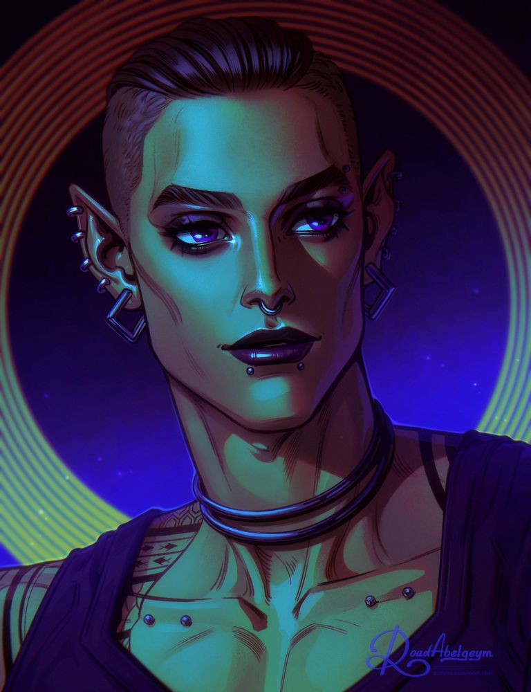 Digital portrait of an androgynous male character with short slicked-back hair and pointed ears pierced with multiple earrings. The character has glowing violet-blue eyes, dark lipstick, and facial piercings on the lips and nose. Their skin is lit with dramatic teal and purple lighting, creating a neon, cyberpunk-like mood. A glowing circular halo-like shape frames the head in the background. The character wears a sleeveless top and a choker, with subtle tattoos visible on the shoulders and chest. The overall mood is confident, intense, and slightly dangerous. Drawing by fantasy and furry & human artist Road Abelgeym.
