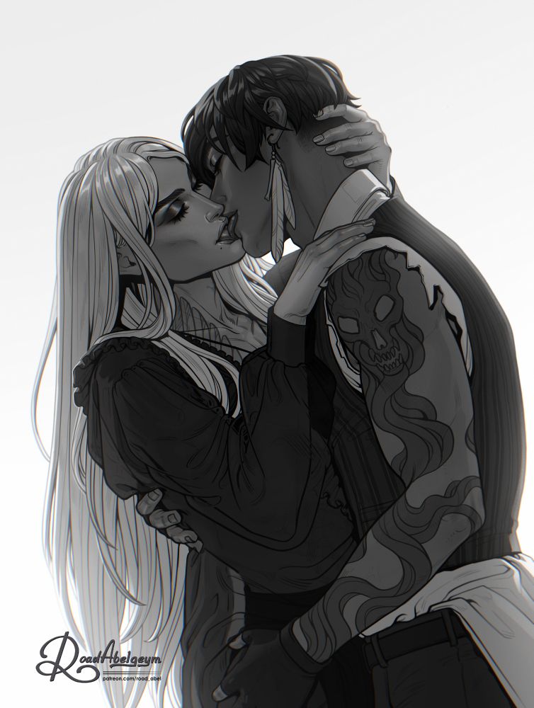 Black and white digital artwork of two male characters sharing an intense kiss. One has long light hair and dramatic makeup; the other has short dark hair, earrings, and a tattooed arm wrapping around the other’s body. The mood is passionate, intimate. Drawing by fantasy and human artist Road Abelgeym.