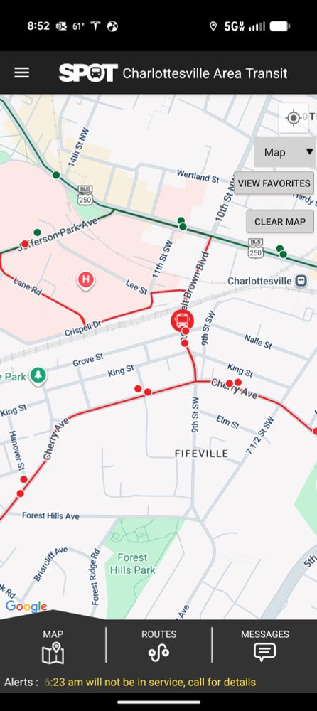 Screenshot of a map showing a bus dot near the UVA hospital 