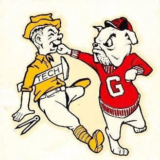 A bulldog punching a dorky techie in the face
