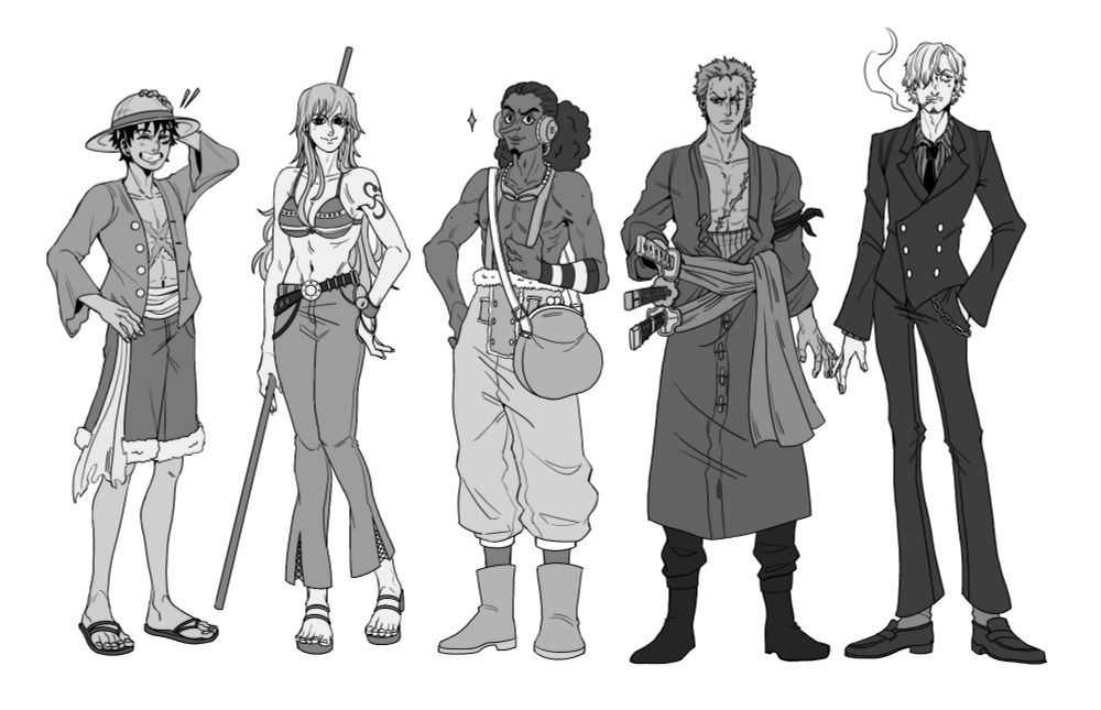 Drawing of the east blue group of strawhats, a lineup of the 5 of them, fullbody, in black and white. Luffy is smiling and holding his hat, Nami and Usopp are side by side posing, and Zoro and Sanji are just standing there, touching pinkies. Sanji is smoking while looking to the side.