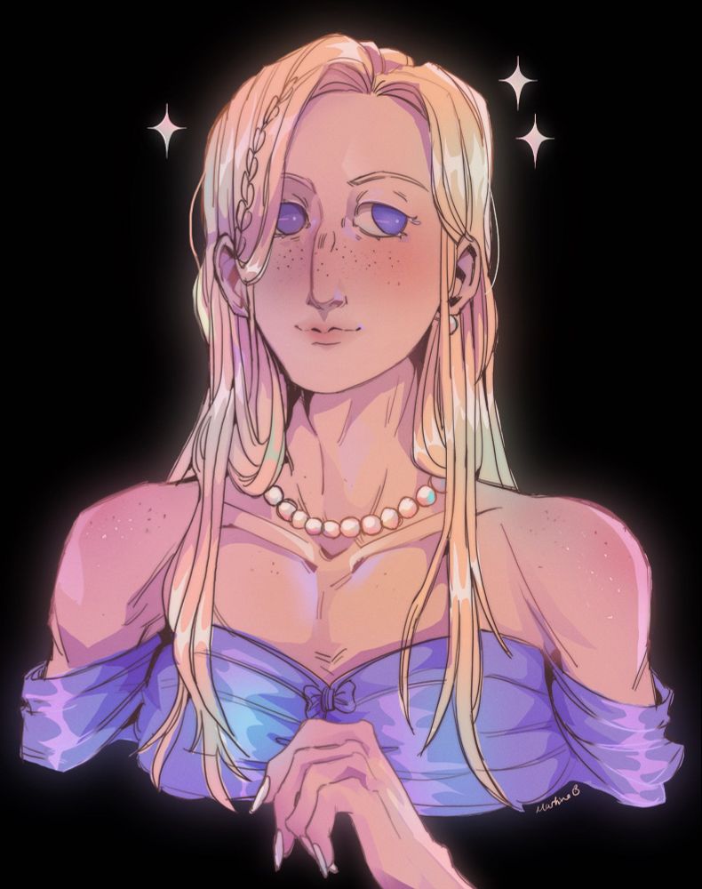 Portrait drawing of my OC Lily, a princess that got saved by a forrest guardian. The drawing has a black background & is in light pastels. She has blond, long hair, purple dress, pearl necklace & earring, blue eyes and freckless.