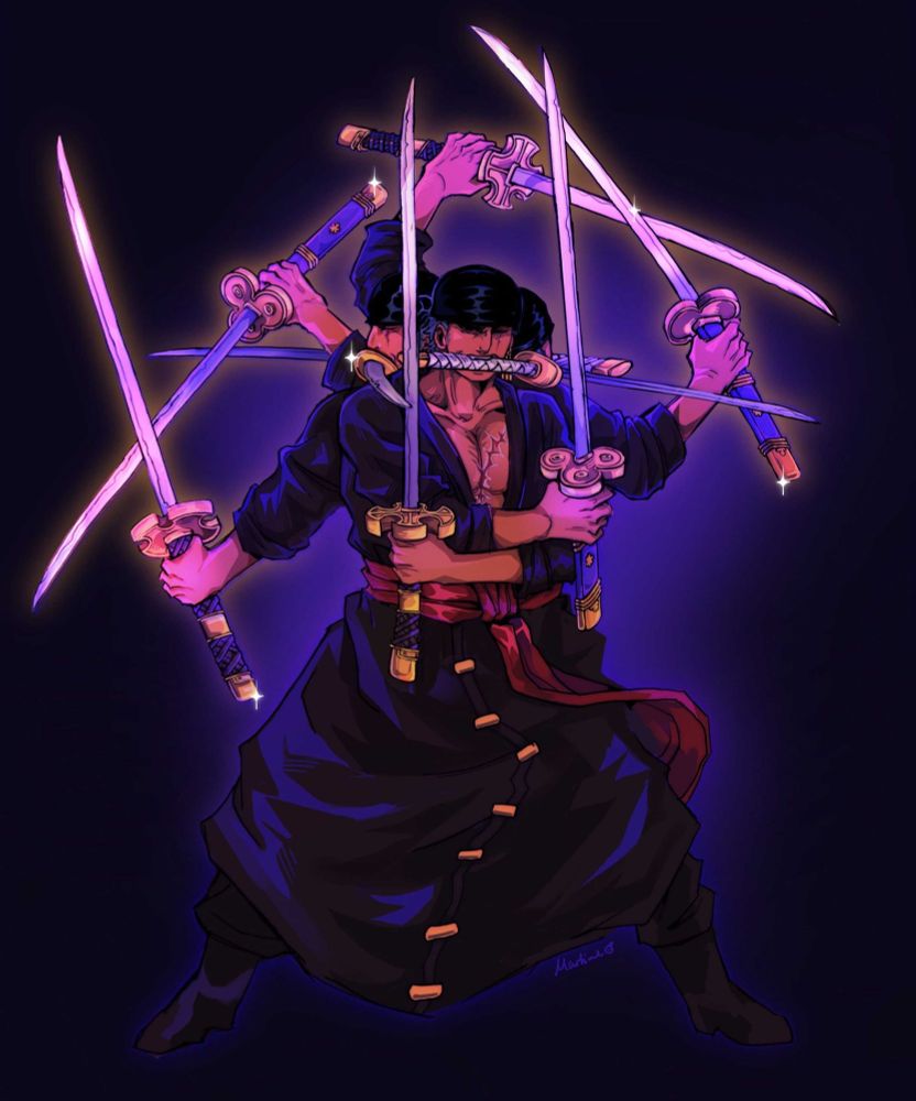 Drawing of Zoro for the Zoro Art collab, doing Ashura. The colors are dark with purple tones, and there is a faint gold/purple glow around him. All 9 awords are out and he has 3 heads.