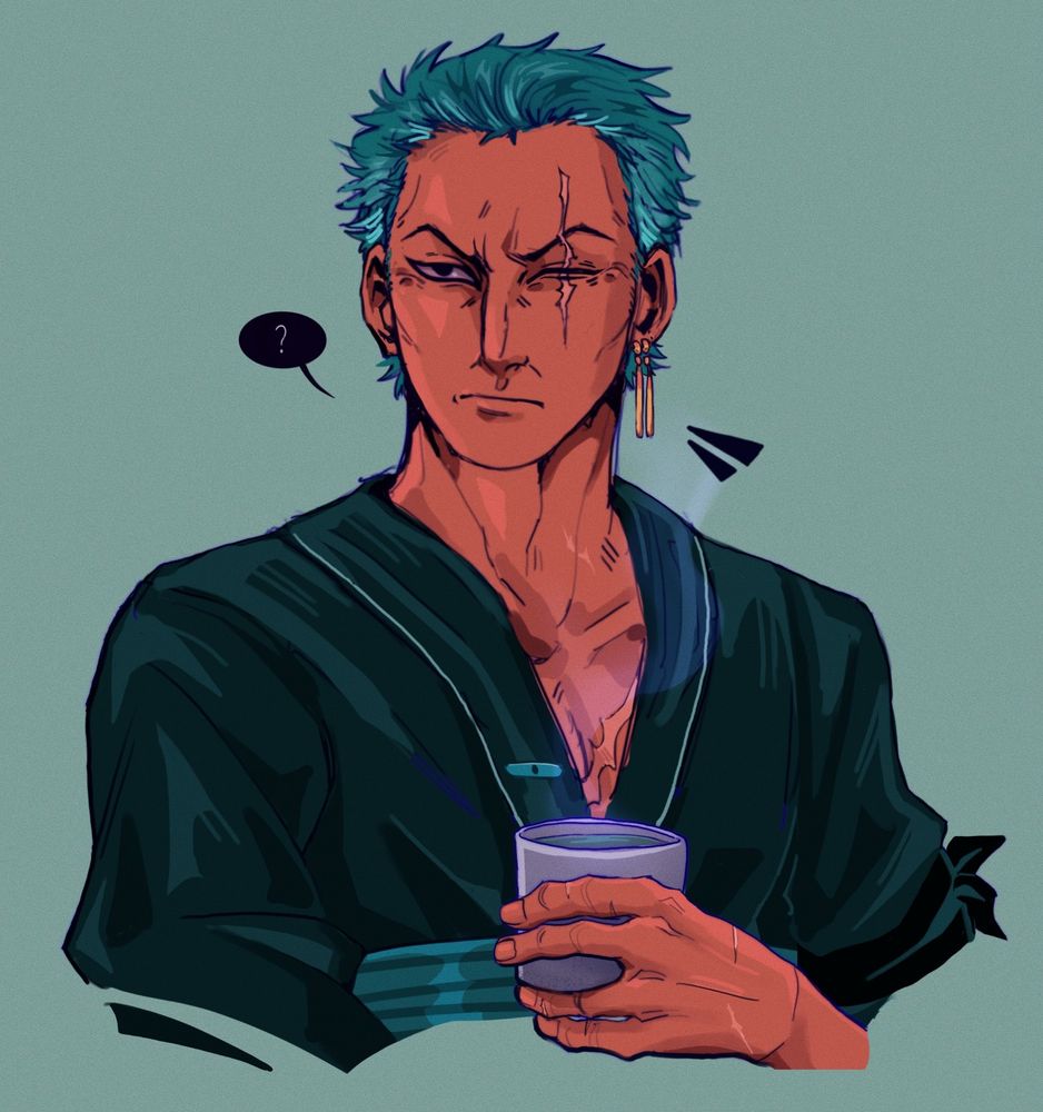 Drawing of Zoro from One Piece, waist up. He is a bit older, holding a cup of green tea, looking up like someone said his name of camera. His clothes are a little different than druring timeskip, a darker shade of green with light green details, and his hair is lighter at some places.