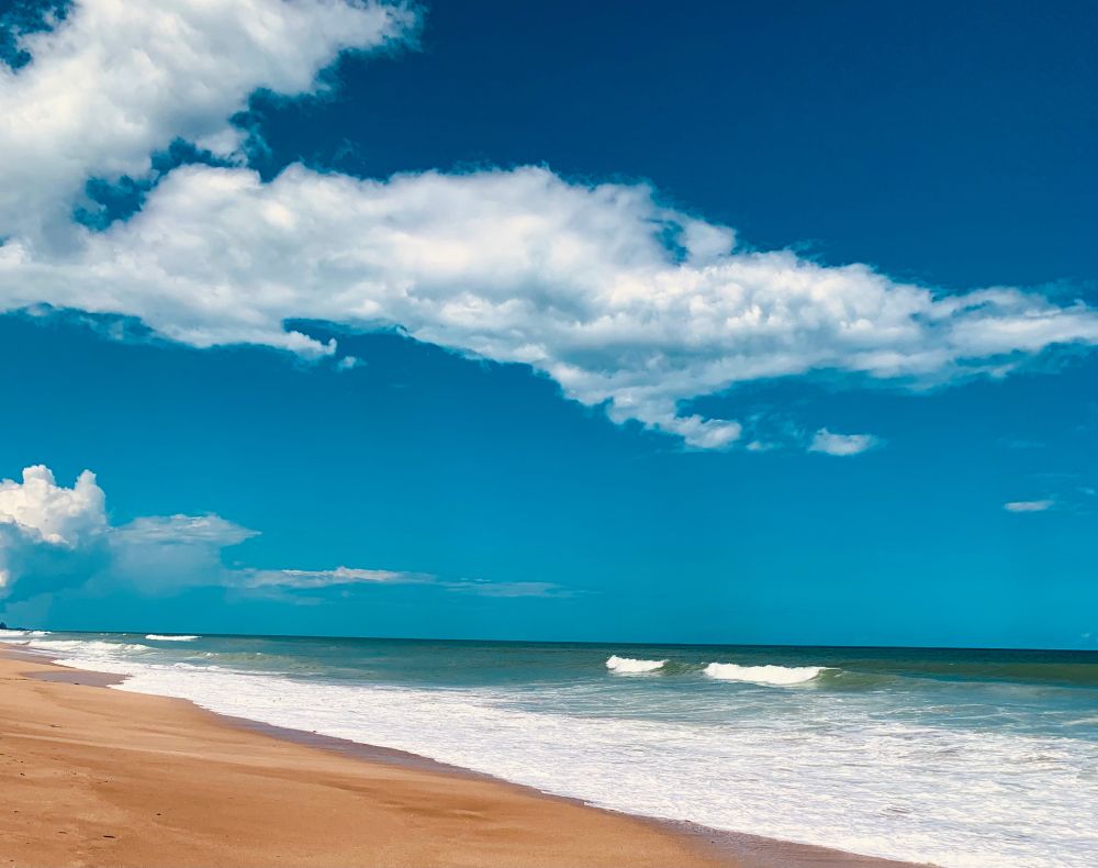 Blue sky with white clouds floating  above the ocean. Gentle waves roll towards the foam covered shore.
