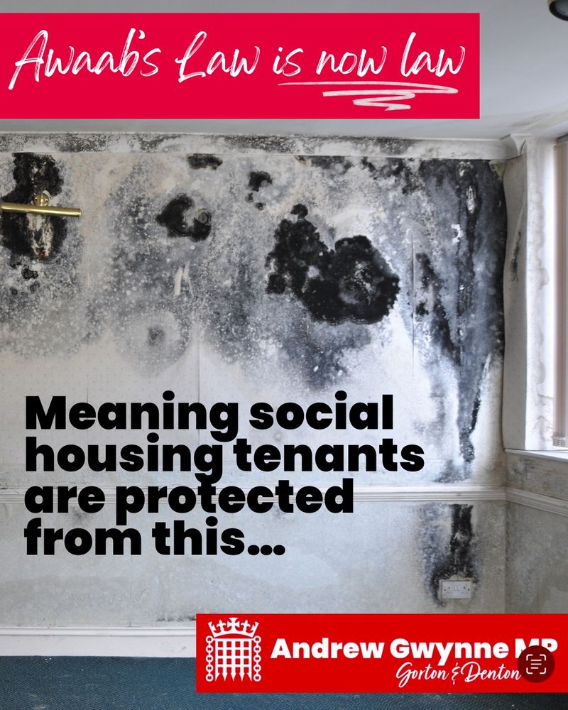A photograph of a flat covered in black mould with the words: “Awaab’s law is now law, meaning social housing tenants are protected from this.”