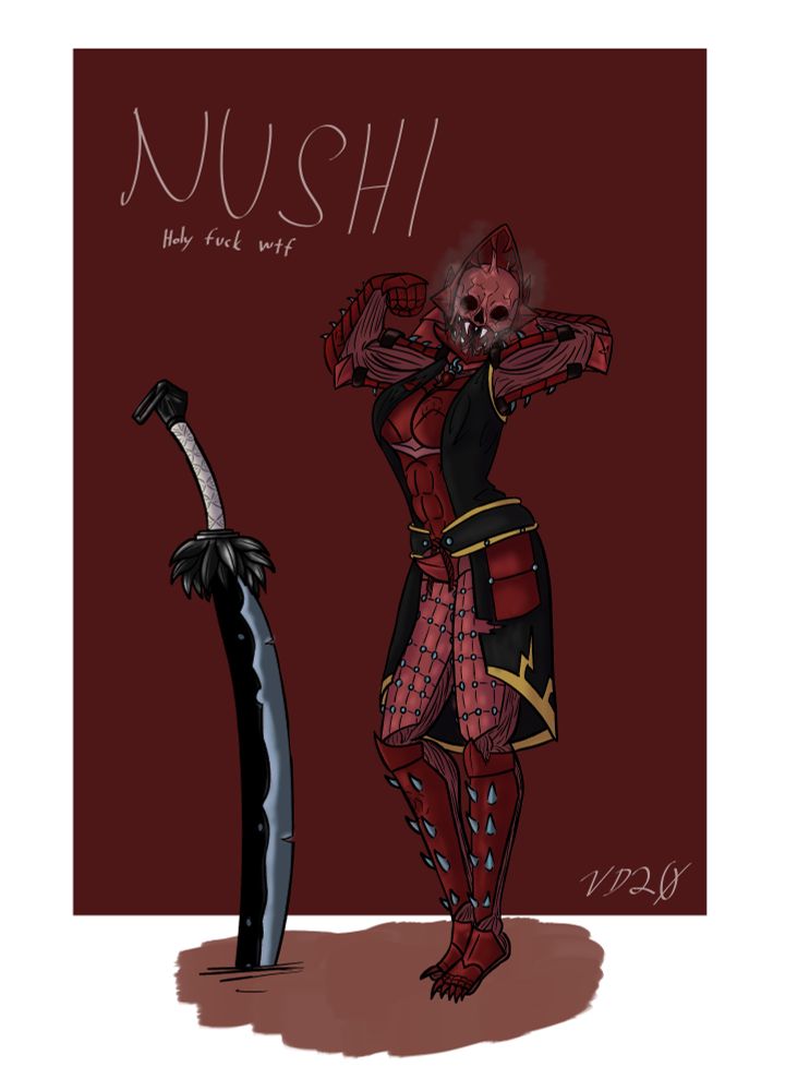 The Screaming Sarcophagus in inactive mode after Nushi's been using it. Her body acts as the armor's fuel, and it rebuilds her form like a twisted Necromorph looking thing. She needs to consume a lot of meat to regenerate her form.