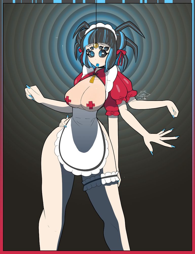 A drawing of a woman with six arms and six eyes, standing while being hypnotized by a coin on a string. She is wearing the top half of a qing dress and an apron, with her legs otherwise uncovered and breasts only covered by pasties on the nipples. Her tongue is out and due to the position of the coin her eyes are crossed.