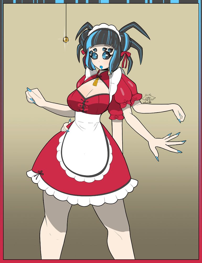 A drawing of a woman with six arms and six eyes, standing while being hypnotized by a coin on a string. She is wearing an outfit that is a mix between a Qing (Chinese) dress and a maid outfit.